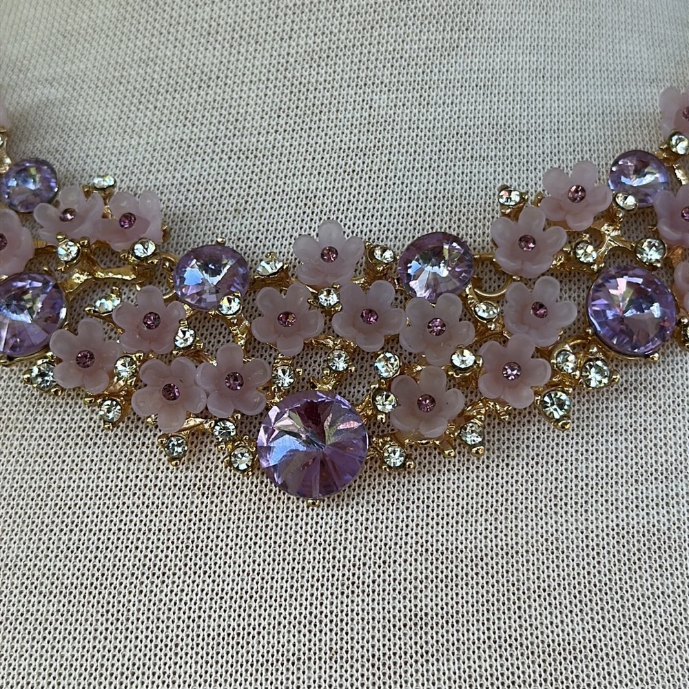Purple Flower Necklace With Clear and Purple Rhinestones - Picture 2 of 3